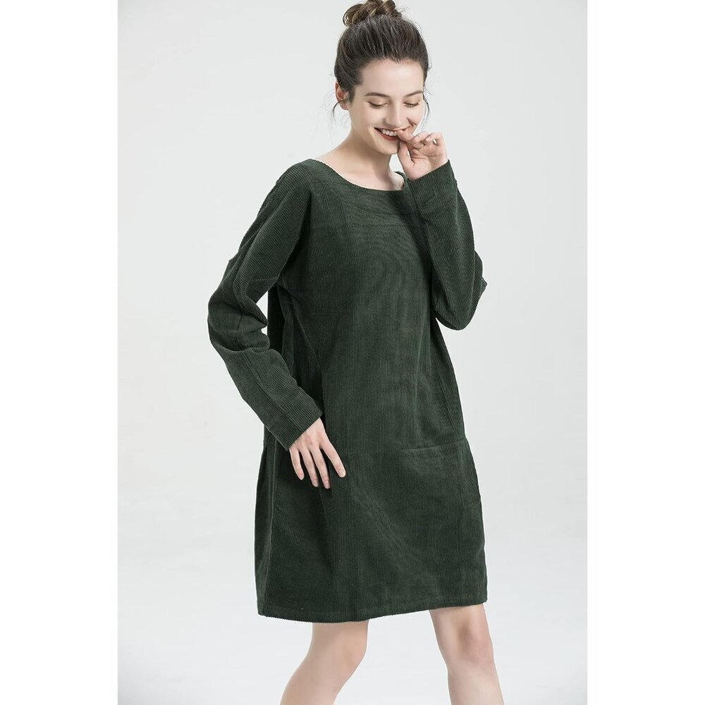 Women's Oversize Corduroy Tunic Dress with Pockets Casual Long Sleeve - Picture 3 of 7